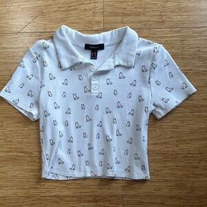 Forever 21 Cat Print Wht Crop Polo Shirt Size XL White Kawaii Preppy Novelty Y2K
